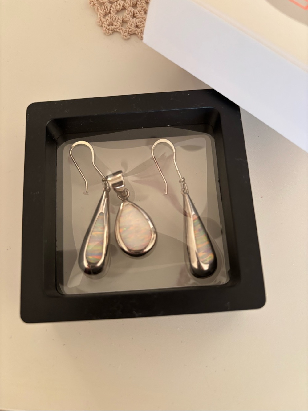 Mexican Sterling Silver Teardrop Opal Earrings & Pendant Set - White Opalescent